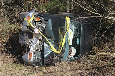 The driver of this car lost control on a slippery stretch of road Sunday morning.