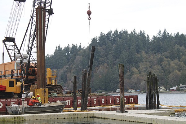 Workers use a crane to pull old creosote pilings at Camp Sealth.