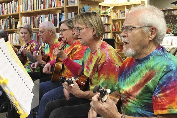 The Vashon Island Ukulele Society showcased its talents at the Vashon Bookshop last Friday. Members pictured