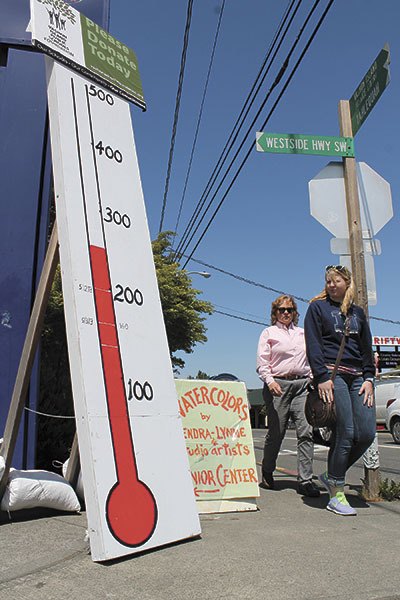 Pedestrians in Vashon town pass the schools foundation thermometer