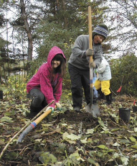 Issa Trujillo of The Harbor School and Quinn Williams of Homestead plant trees at a recent work party.