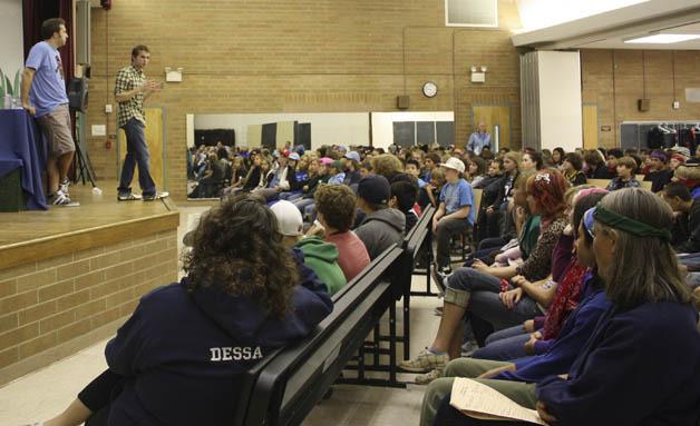 Actor Solomon Davis leads a discussion on bullying at McMurray Middle School after a performance of the play 'Don't tell Jessica' on Friday