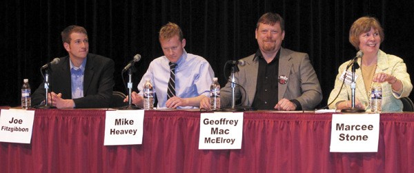 The four candidates for the 34th District House seat share a friendly moment at a recent candidates’ forum in Burien.