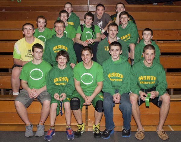 Seventeen Vashon wrestlers will go on to regionals. Front row:  Logan Nelson