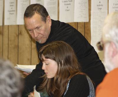 Jake Jacobovitch talks to AnnaLisa LaFayette during Monday night’s board meeting.