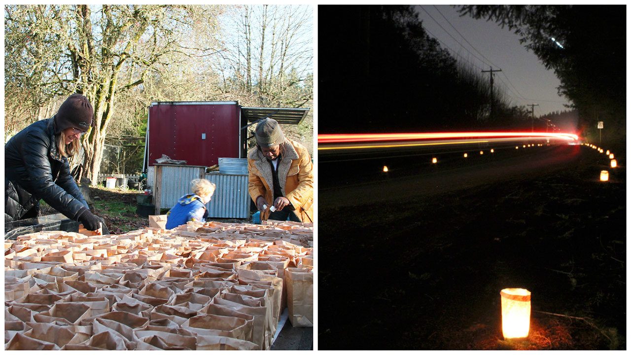 Left: Dozens of volunteers gathered at islander Karen Biondo’s home on Wednesday to fill solstice luminaries with sand and candles. The luminaries have been a long-standing tradition on Vashon to bring light during the darkest day of the year, but weather and other factors has prevented the tradition in recent years. (Susan Riemer/Staff Photo)                                Right: Cars drive past the lit luminaries Wednesday night along 204th Avenue where it meets 111th Avenue in Paradise Valley. (Anneli Fogt/Staff Photo)