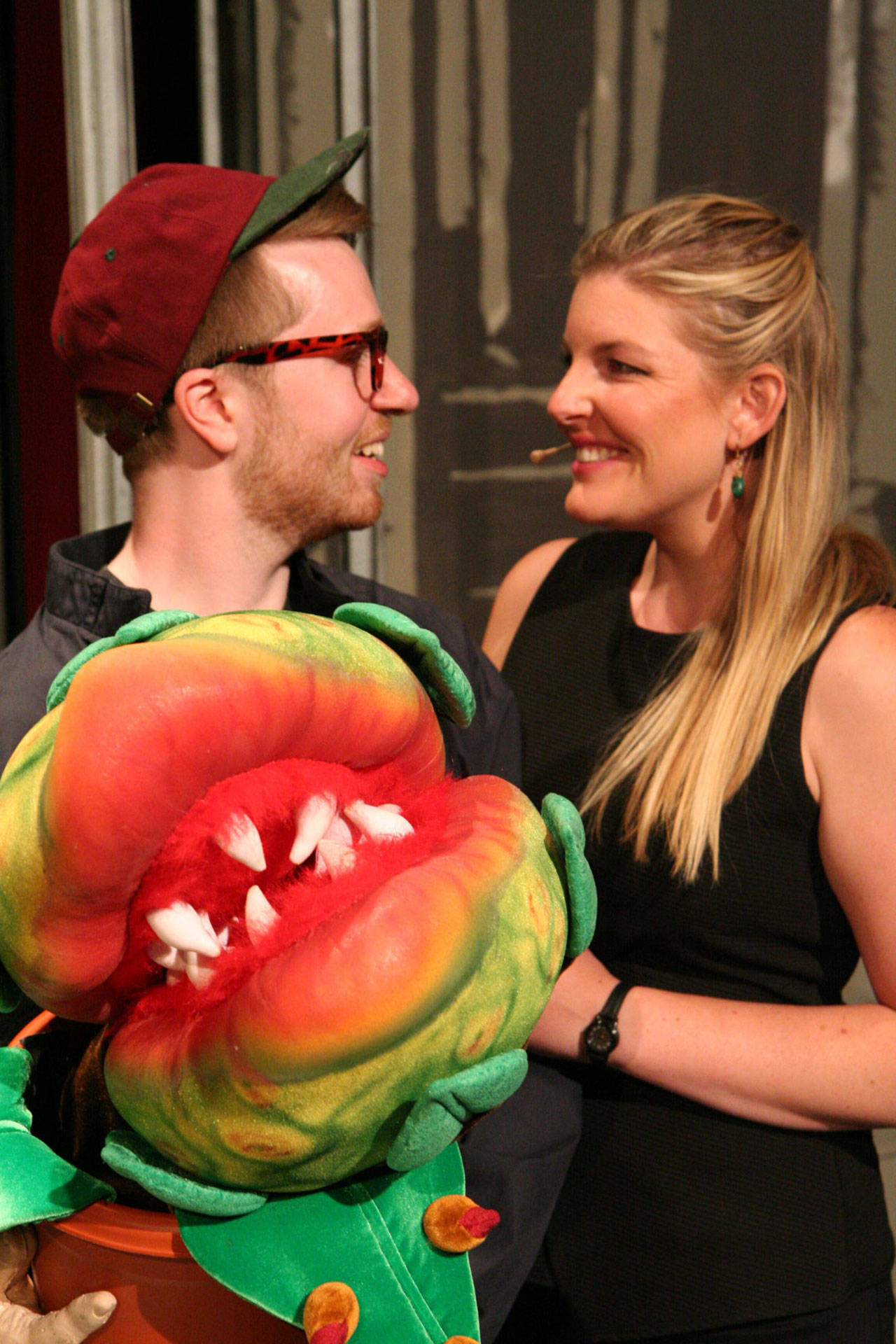 Actors D. Wiley Jones and Alex Drissell with a more manageable “Audrey II” (Steven Denlinger Photo)