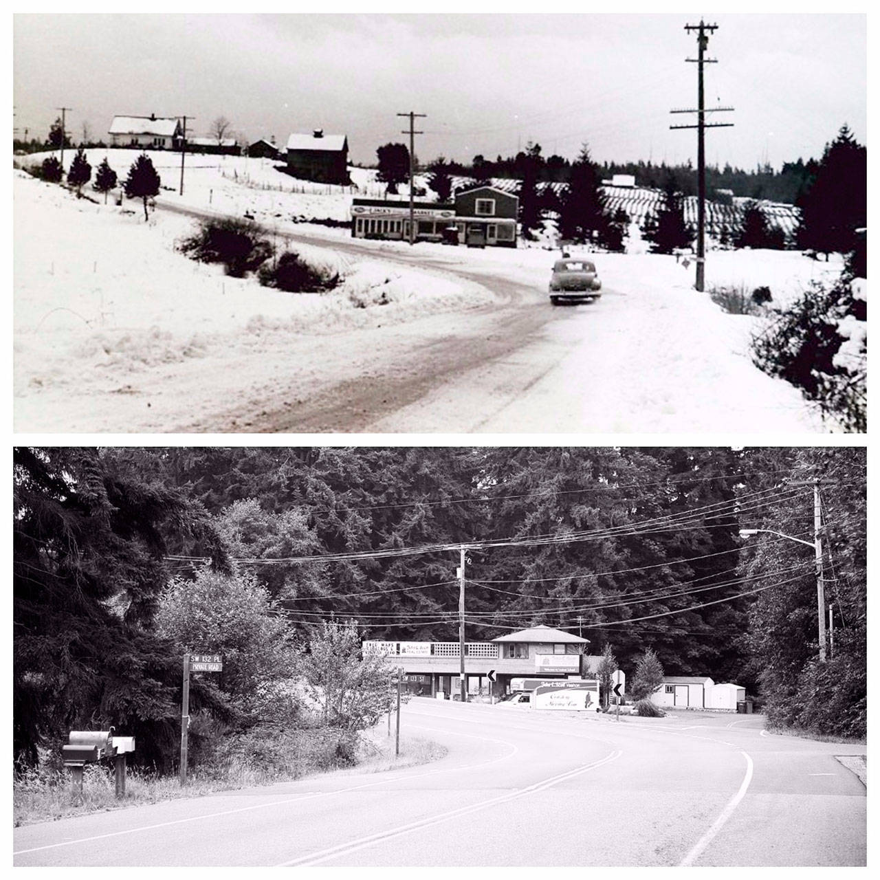 Top: Jack’s Market, on Vashon’s north end was one of the small community stores that dotted Vashon in the 1940s when there was far less foliage to be found. (Courtesy Photo)                                 Bottom: The Vashon John L. Scott office now occupies the building surrounded by far more trees. (Terry Donnelly Photo)