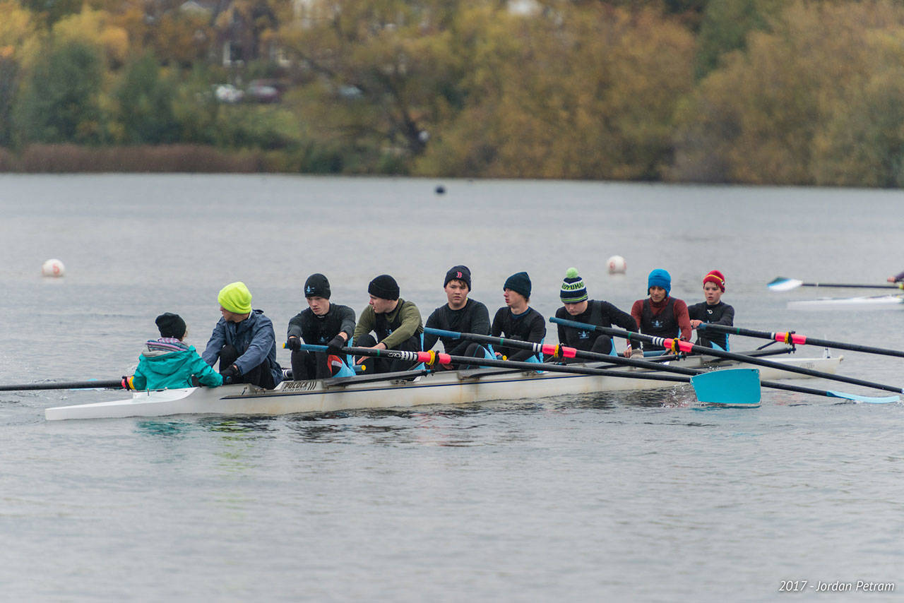 Vashon’s junior boys’ novice eight on the water at Green Lake on Saturday. (Jordan Petram photo)