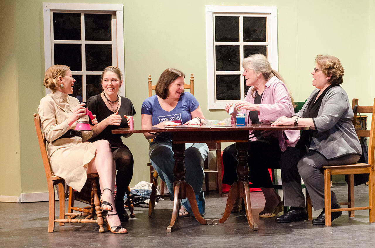 Silvie (Bonny Moss), Renee (Chai Ste.Marie), Olive (Cate O’Kane), Vera (Sue DeNies) and Mickey (Thea Vernoy) gather for their weekly game of Trivial Pursuit in Drama Dock’s production of “The Odd Couple” (Peter Serko Photo).