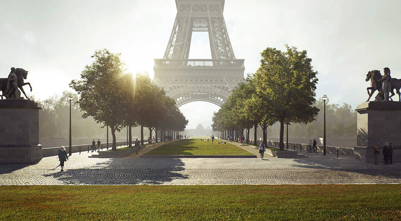 The Pont D’Iéna Bridge would be closed to all motor vehicle traffic and made into a grassy causeway for pedestrians (MIR for Gustafson Porter + Bowman Photo).