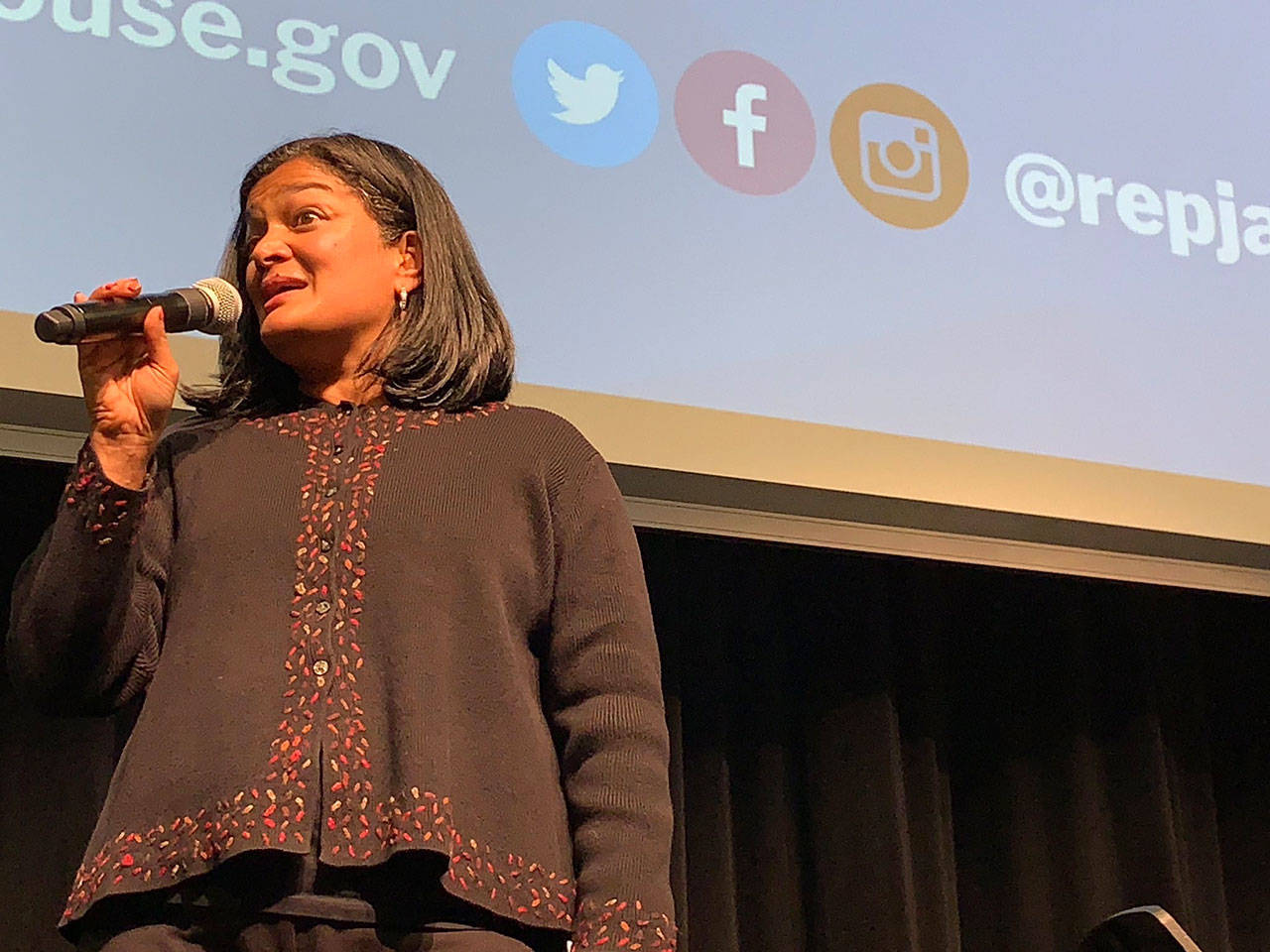 Democratic U.S. Rep. Pramila Jayapal speaks during a town hall at Vashon Island High School on Monday, Oct. 7 (Kevin Opsahl/Staff Photo).