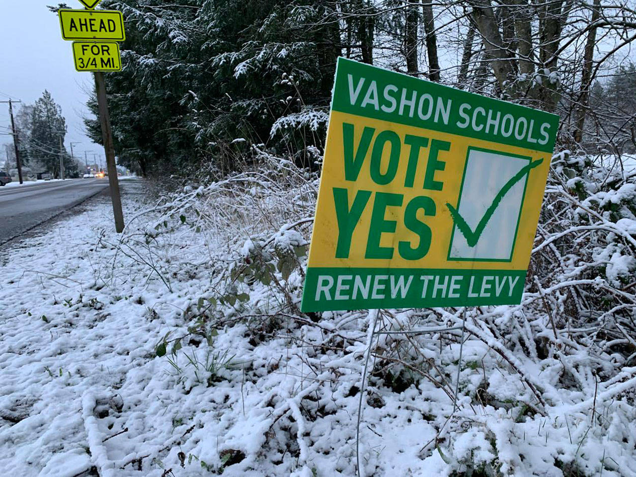 A sign in support of Proposition No. 1, replacement of expiring Technology and Facilities Capital Projects Levy, is seen looking north on Vashon Highway, on Tuesday, Jan. 14 (Kevin Opsahl/Staff Photo).