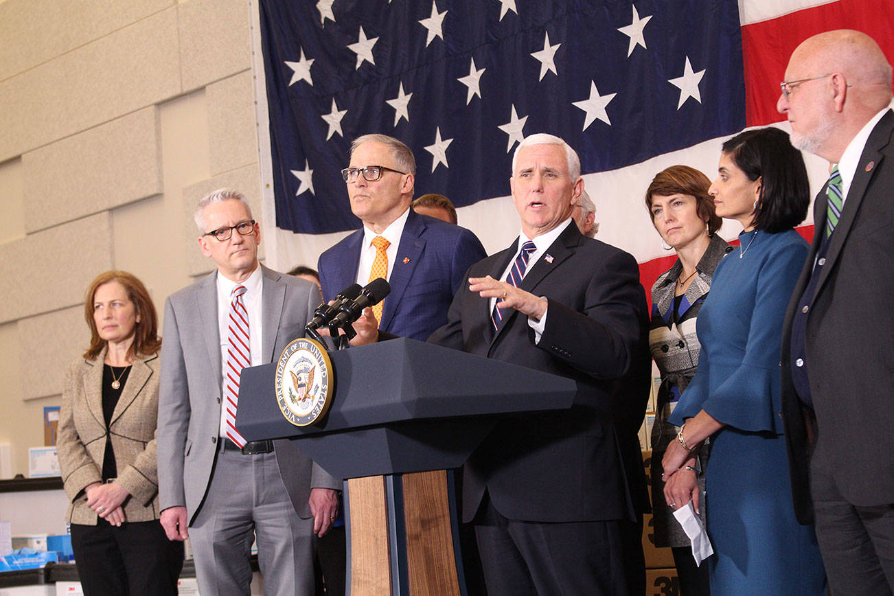 Vice President Mike Pence addresses the coronavirus outbreak situation in Washington after meeting with Governor Jay Inslee and public health officials at Camp Murray. Photo by Cameron Sheppard/WNPA News Bureau