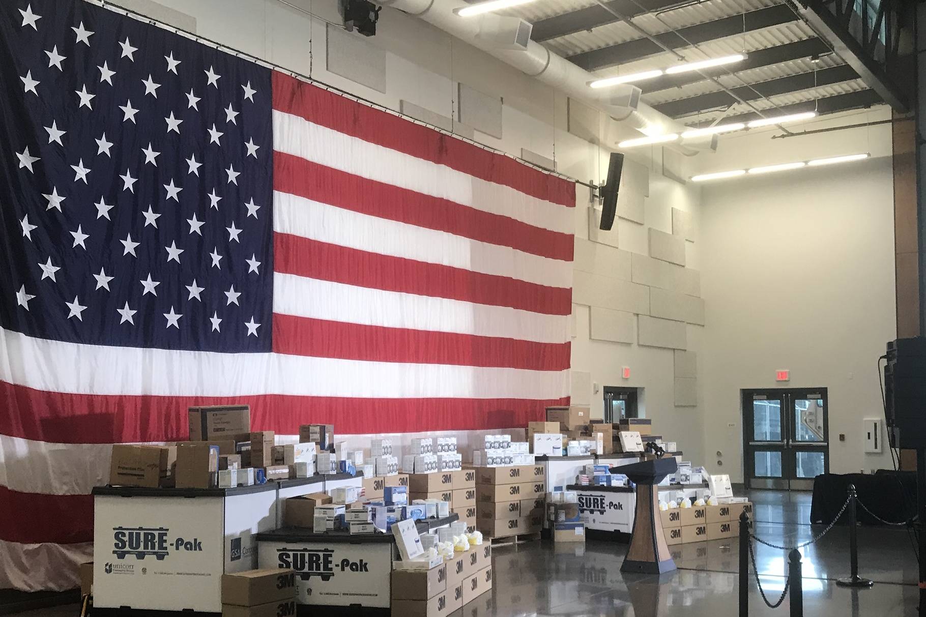 Some medical supplies, including face masks, respirators and gowns provided to Washington by the federal government March 5 in conjunction with a visit from U.S. Vice President Mike Pence to Camp Murray in Pierce County, Washington. Cameron Sheppard/WNPA News Service