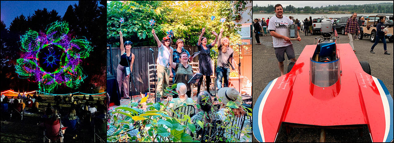 Notable gatherings taking place over the Fourth of July weekend included a sound and light show at Open Space for Arts & Community, hosted as an alternative to a fireworks display (left); the presentation of Vashon’s first theatrical production since 2020 at Snapdragon Bakery & Cafe (center); and Vashon’s annual hydroplane race on July 1. The winner of this year’s race was Evan Hills (right) (Photos by Peter Serko (play), Max Sarkowsky (light show) and Brian Brenno (hydro).