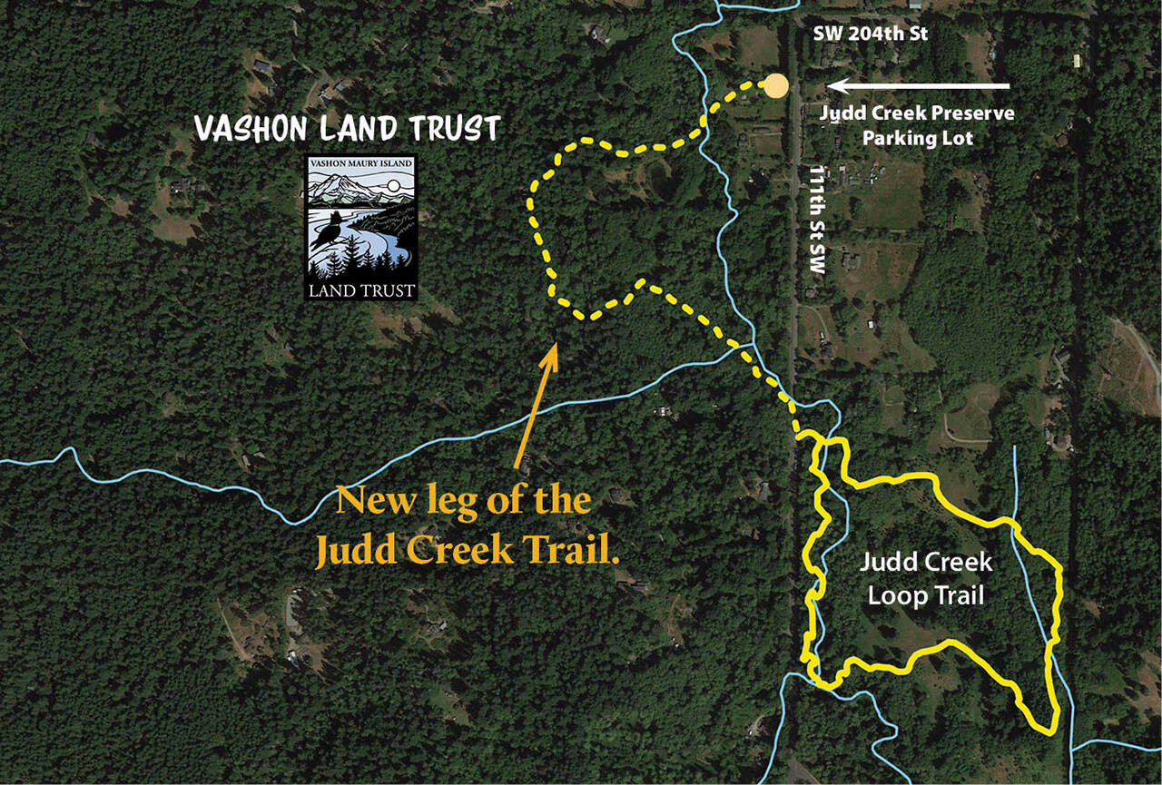 (Map Courtesy of Vashon-Maury Island Land Trust) The location of the new Judd Creek Trail, as seen in an aerial map view of the surrounding area.