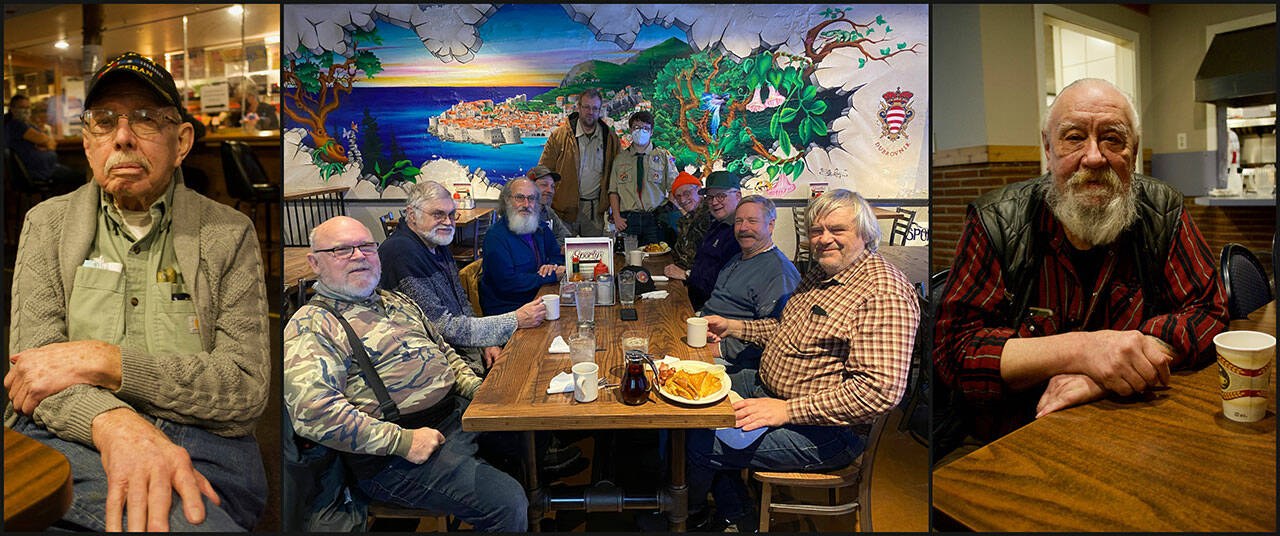 (Tom Hughes & Jenna Dennison Photos)
Left Photo: David Church, at the Veterans Day dinner held at Vashon Eagles. Church served in the Korean War.
Middle Photo: A tight-knit group of local veterans and veterans’ supporters enjoyed a Veterans Day breakfast at Sporty’s: (left to right) Billy Hoolahan, Roy Bumgarner, Armen Yousoufian, David Hoffman, Dave and Everett Hatfield, Phil Maharin, Jim Robinson, Paul Byrne, and Ken Gresset.
Right Photo: Neil Gurnowich, at the Veterans Day dinner held at Vashon Eagles. Gurnowich served in the Vietnam War.