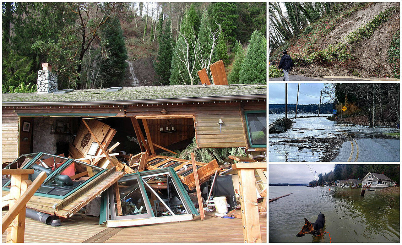 (Photos courtesy of John Cornelison (mudslides), Scott Stinson (Quartermaster Drive) and Phil Clapham (Manzanita) Last Friday’s first landslide occurred before dawn just south of the north end ferry dock, with soil and debris blocking the two ferry offload lanes of southbound Vashon Highway SW. A residence in the Dolphin Point neighborhood was destroyed by another slide. Extreme high tides also covered Quartermaster Drive, Manzanita Beach and KVI Beach, as well as other island locations.