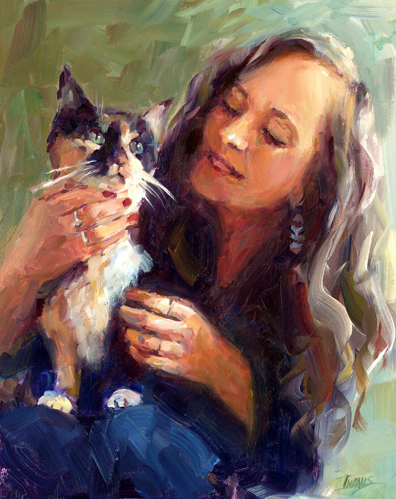 (Pam Ingalls Artwork) “Tater and Callie” is part of a portrait show by Pam Ingalls, featuring islanders and their pets, at Dig Deep.