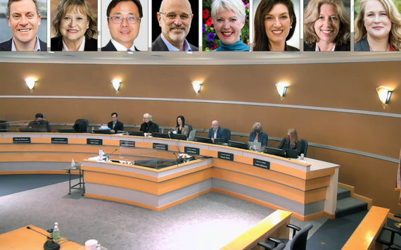 Screenshot of April 5 Edmonds City Council meeting. Inset (L-R): Mayor Mike Nelson and council members Kristiana Johnson, Will Chen, Neil Tibbott, Diane Buckshnis, Vivian Olson, Susan Paine and Laura Johnson. (City of Edmonds)