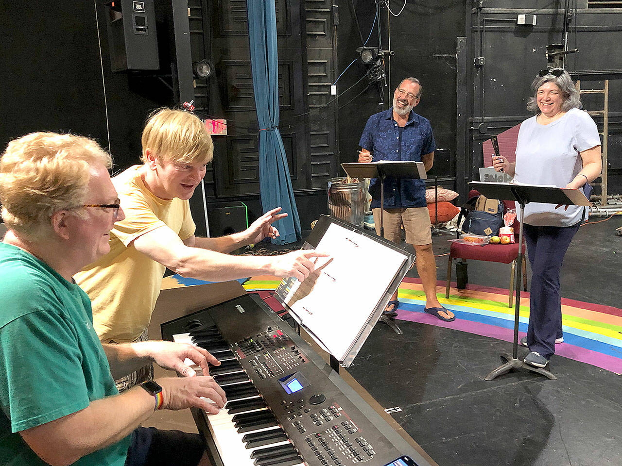 (Courtesy Photo) Vashon Repertory Theatre’s Annual Fest opens July 22 with Somewhere Between, a new musical by islander Alan Becker (second from left). The show will be presented at Vashon Center for the Arts, in preparation for moving to Off-Broadway next year. It features music direction by Paul Linnes (left), and actors Timothy Wilds and Maria Valenzuela, among others.