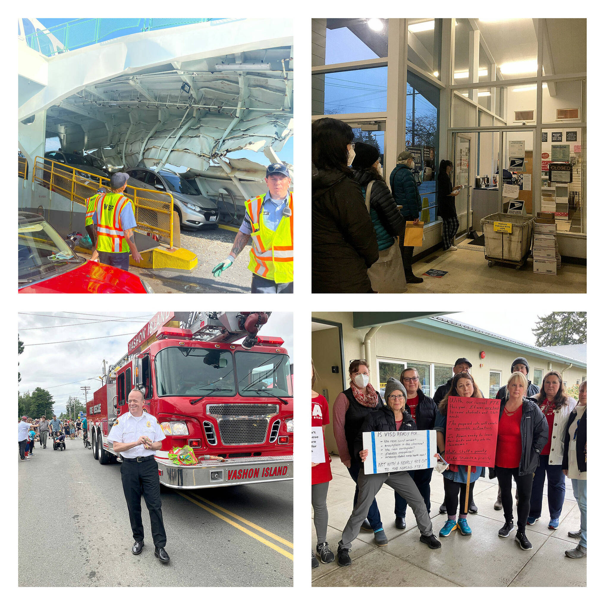 Memorable happenings of 2022 included (clockwise) the crash of the Cathlamet, the woes of the Vashon Post Office, the appointment of Vashon’s new fire chief, Matt Vinci, and funding shortfalls at Vashon Island School District, threatening the jobs of the district’s staff (Elizabeth Shepherd Photos).