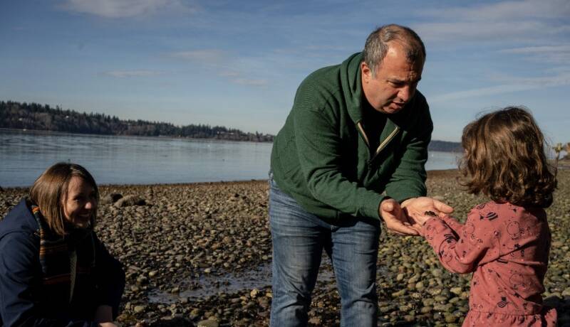 Mike Kollins with his family in front of his proposed site (Vashonkelpforest.com Photo, used with permission).