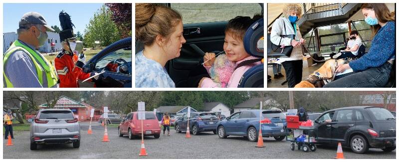 Scenes from Vashon’s COVID response effort in 2021: (Top left) Cosplay by a CERT member was part of the experience at the final day of Vashon’s testing site, and young Hazel Hernandez (middle) managed to giggle as her mother, Kaylee, helped her during a pop-up testing event at Chautauqua Elementary School, conducted by the MRC after an outbreak at the school. At a vaccination clinic at Vashon High School, student Payton Venturi (right) said hello to Jinna Risdal’s therapy dog, Rain — a welcome worker at vaccination clinics in the schools. (Bottom) VashonBePrepared’s drive-through vaccination site opened to high demand at Vashon Pharmacy in January 2021 (Photos by Rick Wallace (top) and Michelle Bates (bottom).