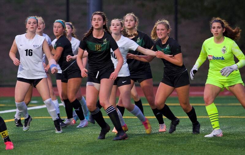 Pirates (in black) from left to right: Rose Peterson, Kate Spranger, Meah McInerney, Isa Knowler, and Keeper Ivy Staczek (Photo by David Waterworth).