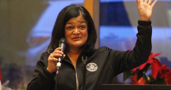 United States Representative Pramila Jayapal speaks to a full house Dec. 19 at Vashon Center for the Arts. (Alex Bruell photo.)