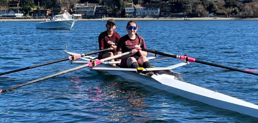 Ken Jackson photo
BBRC rowers Willa Lee and Brisa Ordonez-Ramirez in their double at the start for their first race of the day.