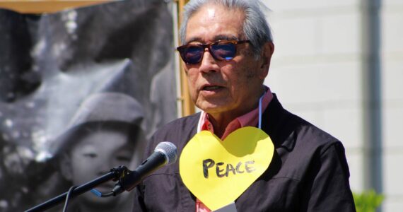 Alex Bruell photo
Islander Joe Okimoto, one of the Americans who was unconstitutionally uprooted and forced away from home in 1942, speaks at Ober Park during the Day of Exile commemoration.