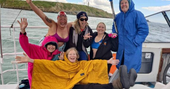 Garry Salter photo
Team Salish Selkies finishes their English Channel swim on June 11. From left to right are: Mary Singer, Chelsea Lee, Mary Robinson, Heidi Skrzypek, MarySue Balazic, and Erin O‘Regan. Singer, Robinson and Skrzypek are from Vashon.