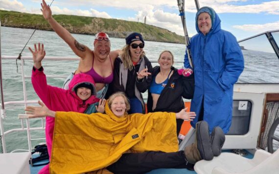 Garry Salter photo
Team Salish Selkies finishes their English Channel swim on June 11. From left to right are: Mary Singer, Chelsea Lee, Mary Robinson, Heidi Skrzypek, MarySue Balazic, and Erin O‘Regan. Singer, Robinson and Skrzypek are from Vashon.