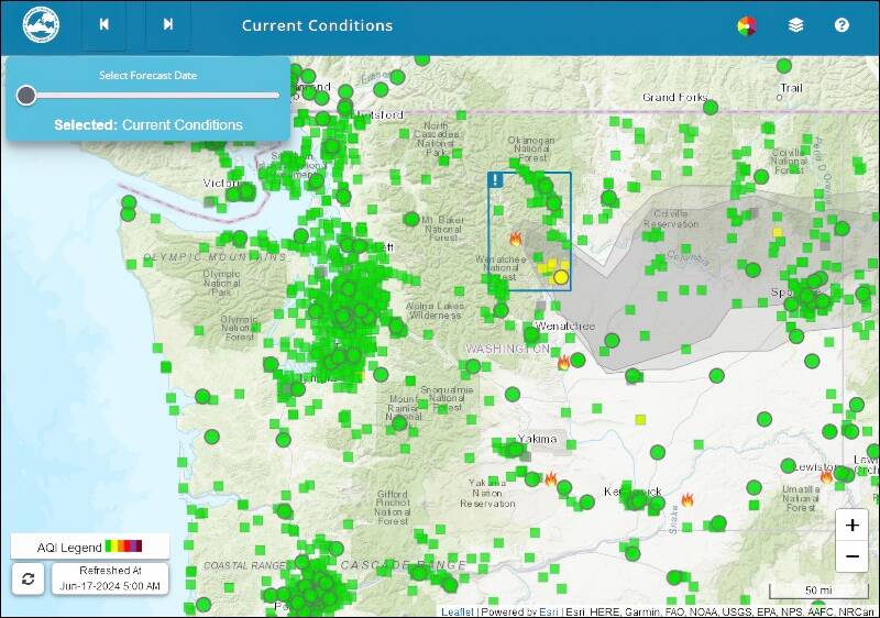 This air quality map can tell you current smoke conditions because it shows air quality sensors in real-time, including an array of sensors located on Vashon Island. This regional overview gives you a sense of where fires are burning, and you can zoom in on Vashon or a road trip destination to get details (Screenshot from wasmoke.blogspot.com).