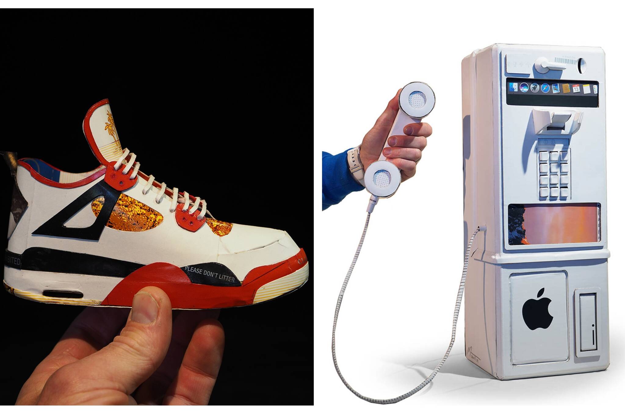 Mike Leavitt’s “Trash Talking” exhibits includes such works as a tiny Air Jordan sneaker constructed from cigarette packaging manufactured in North Carolina, and a old-school pay phone made from the packaging of Apple products. (Courtesy photos.)