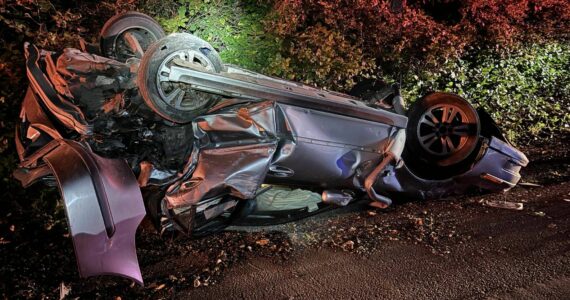One of two cars that were totaled in a late-night crash on Vashon Highway on July 4. (Vashon Island Fire Rescue photo.)