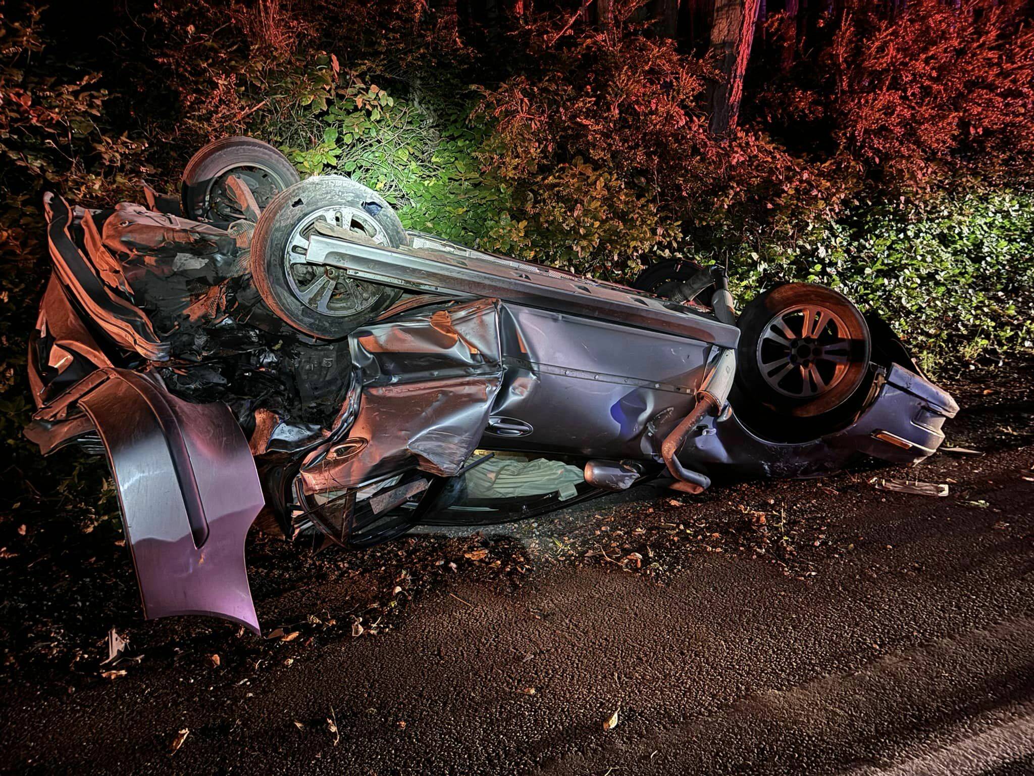 One of two cars that were totaled in a late-night crash on Vashon Highway on July 4. (Vashon Island Fire Rescue photo.)