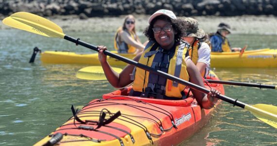 Interns at the Vashon Nature Center in early July took to kayaks to survey a kelp bed on the island’s north end. (Courtesy photo.)