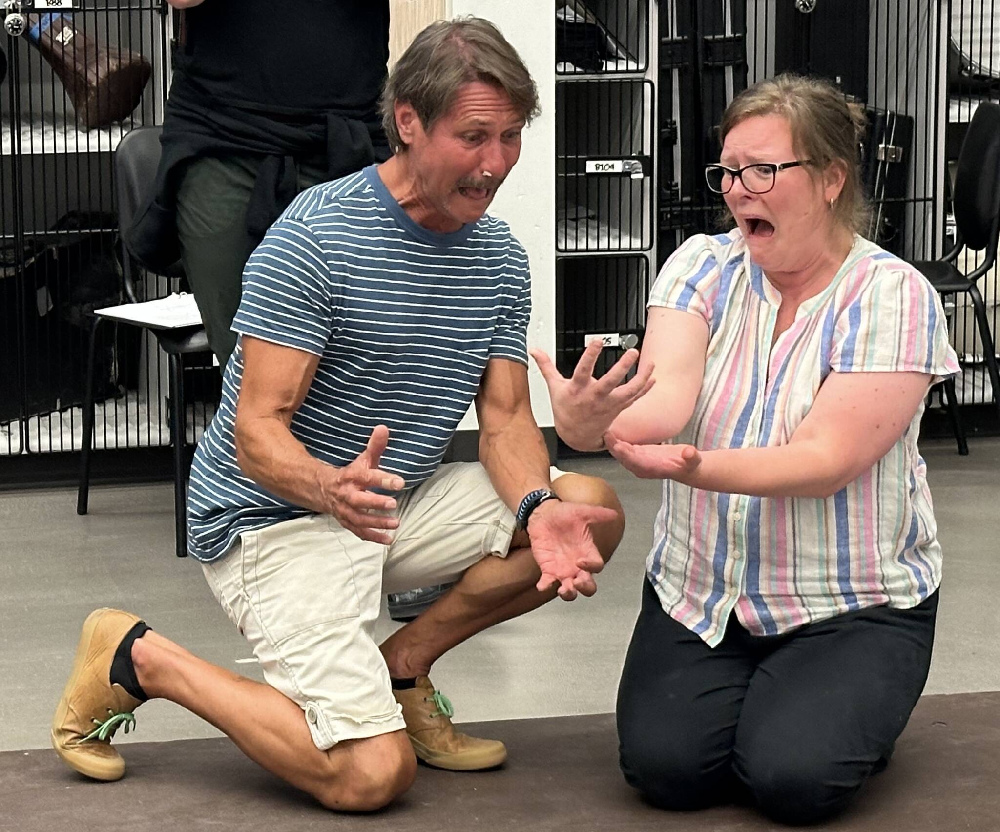 Michael Wishoski and Kaycie Alanis, as human parents in “Oscar’s Journey,” discover their baby has been switched with a troll baby — the future Bird King. (Susan McCabe photo)