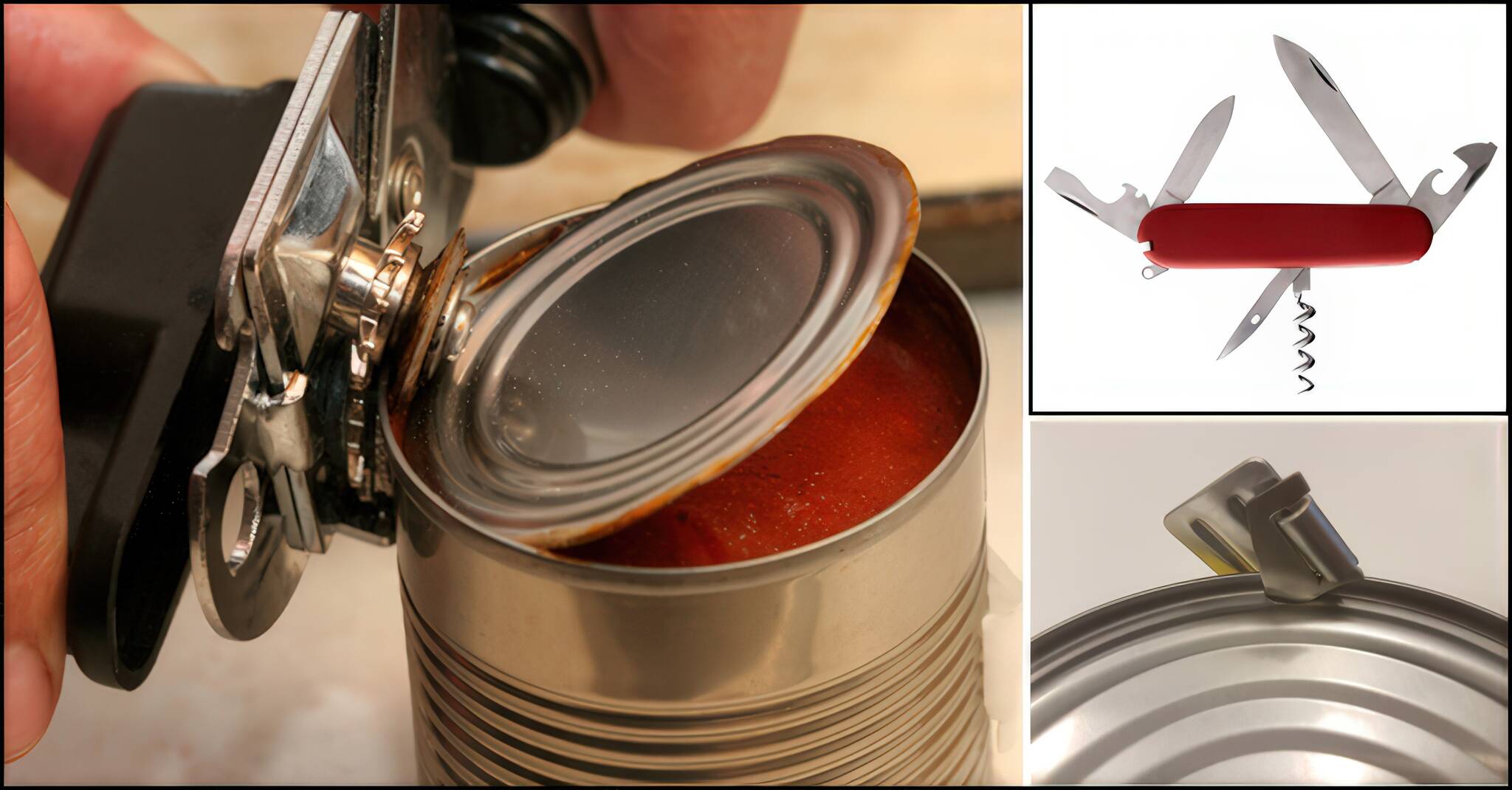 Canned goods are excellent additions to your food stash. They last for years. However, do remember to include a few can openers with your emergency food supplies (especially if food is stored in multiple locations). Not electric openers, because you may not have electricity. There’s the old standby, a hand-cranked can opener (left). A multi-tool is a classic to include in your emergency kit, and most multi-tools have can-opener blades (upper right). Finally, there’s the lowly P-38 C-rations opener familiar to military veterans and backpackers (bottom right). Consider purchasing cans of food with pull tabs, requiring no can opener. Whatever you do, make sure whichever type you choose is workable for the people in your household who prepare food. (Courtesy photo)