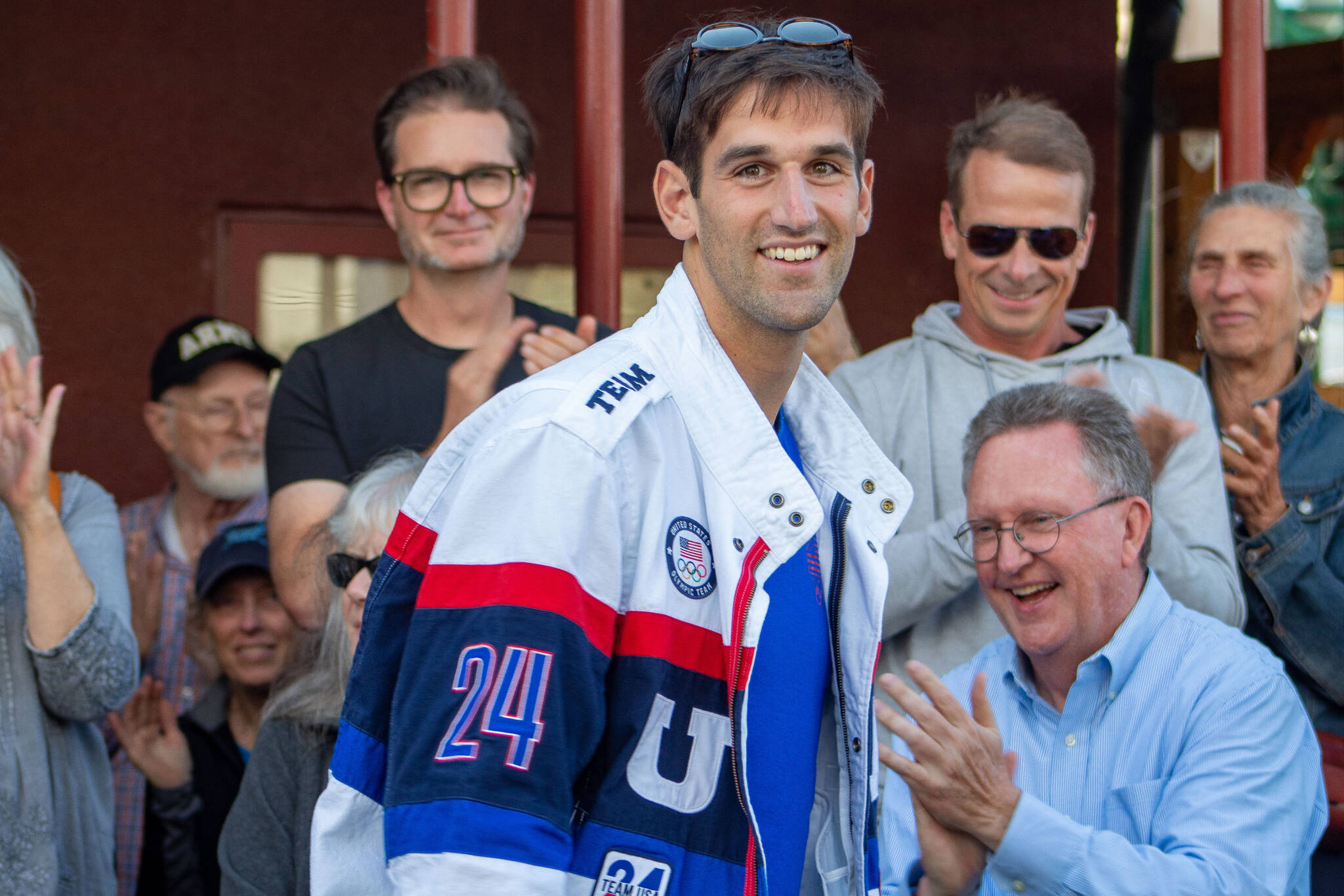 Olympic athlete Jacob Plihal arrived to the Vashon Theatre backlot to cheers and applause from the Vashon community on Aug. 27. (Alex Bruell photo)