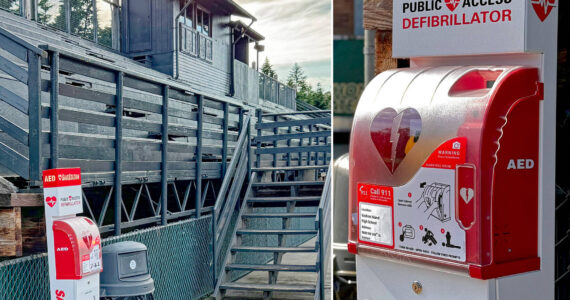 One of the three AEDs has already been installed at the high school football field in time for the start of school. This unit is mounted on the bleachers (left) and also shown in close-up (right). Two other AEDs will be installed where they can be quickly accessed from the soccer and baseball fields plus the McMurray and Chautauqua playfields. The three units are lighted at night and available 24 hours a day. If you use the school fields, it’s a good idea to locate the AEDs in advance, before an emergency, just in case.