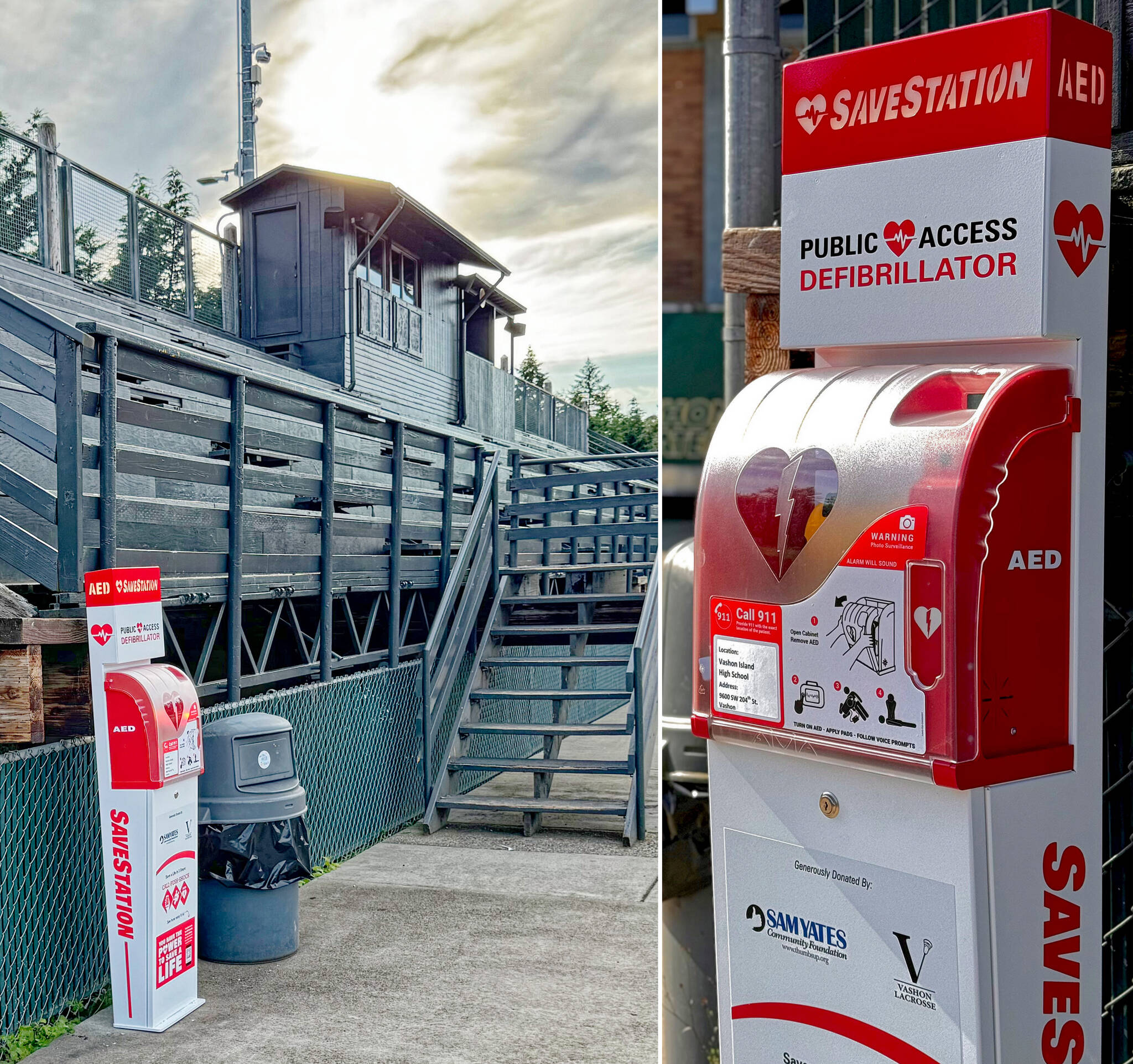 VashonBePrepared photo
One of the three Automated External Defibrillators (AEDs) has already been installed at the high school football field in time for the start of school. This unit is mounted on the bleachers (left) and also shown in close-up (right). Two other AEDs will be installed where they can be quickly accessed from the soccer and baseball fields, plus the McMurray and Chautauqua playfields. The three units are lighted at night and available 24 hours a day. If you use the school fields, it’s a good idea to locate the AEDs in advance, before an emergency.