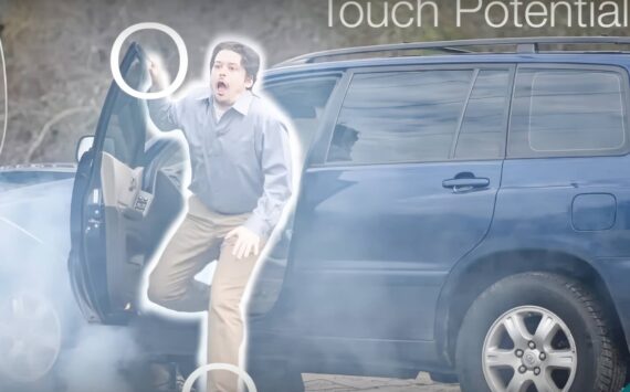 A power line is on your car — what would you do? Of course, call for help on your cell phone if you have one. But maybe you would need to “do the shuffle” to escape. This video from PSE brings it vividly to life. You can watch it online at: tinyurl.com/PowerLineEscape