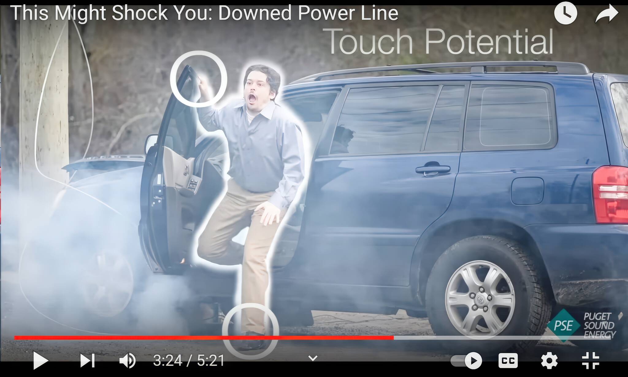 A power line is on your car — what would you do? Of course, call for help on your cell phone if you have one. But maybe you would need to “do the shuffle” to escape. This video from PSE brings it vividly to life. You can watch it online at: tinyurl.com/PowerLineEscape