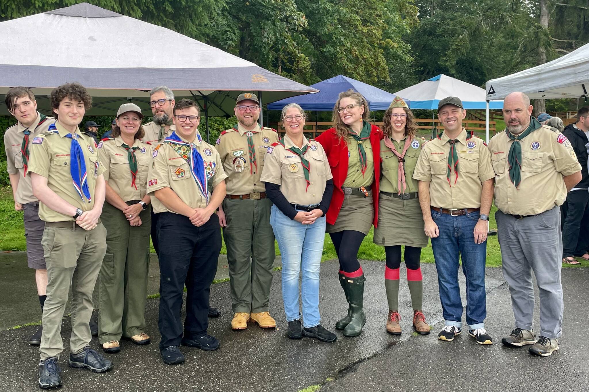 From left to right: Mickey Fontaine, Lander Fontaine (Eagle Scout #107), Cathy Winjum (Committee Chair), Matt Fontaine (Assistant Scoutmaster), Everett Hatfield (Eagle Scout #106), Andrew Casad (Scoutmaster), Katherine Grace (Committee member), Jenny Gogarten (Pack 275 Cubmaster), Stephanie Gogarten (Pack 275 Committee Chair), Devon DeLapp (Scoutmaster), Andy Johnson (Committee member) (Aspen Anderson photo)