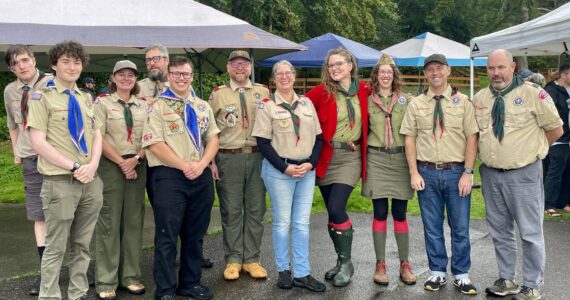 Aspen Anderson photo
From left to right: Mickey Fontaine, Lander Fontaine (Eagle Scout #107), Cathy Winjum (Committee Chair), Matt Fontaine (Assistant Scoutmaster), Everett Hatfield (Eagle Scout #106), Andrew Casad (Scoutmaster), Katherine Grace (Committee member), Jenny Gogarten (Pack 275 Cubmaster), Stephanie Gogarten (Pack 275 Committee Chair), Devon DeLapp (Scoutmaster), Andy Johnson (Committee member)