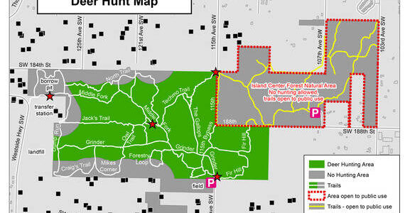 This map from King County shows the eastern portion (outlined in red) of Island Center Forest where hunting will not be allowed and trails will be open to the public during this year's deer hunt. The rest of the park is fair game for hunters.